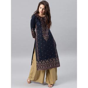 DISEÑADOR RAYON FOIL PRINT WORK KURTI AZUL MARINO - Product Image 1