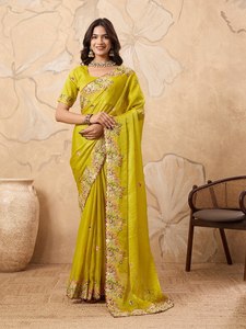 Sari de lino y seda premium con bordado floral y blusa de diseñador |   Sari Elegante para Bodas, Fiestas y Eventos para Mujer - Product Image 6