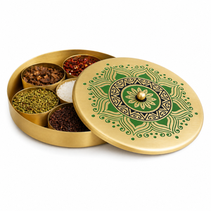 Brass Masala <b>Box</b> with 5 Compartments & Spoon Handmade Indian Spice Storage Container Kitchen Organizer for <b>Herbs</b>, Seasonings - Product Image 1