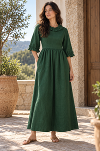 Vestido Midi de Lino/Algodón Tejido Verde Bosque para Mujer, Corte A, Manga Larga con Volantes, Ajuste Holgado para Uso Diario - Product Image 6