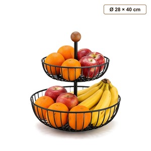 Support à fruits à 2 niveaux en fil de fer noir avec poignée en bois de manguier - Vente en gros - Product Image 1