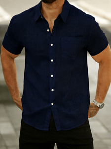 Men's Navy Blue Short Sleeve Cotton Shirt Solid Casual Button Down Woven Fabric Summer Style Summer Woven Fabric Button Collar - Product Image 3
