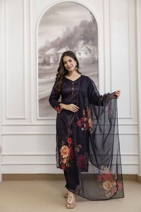 Ensemble Kurta pour femmes, imprimé floral noir, avec dupatta, tenue décontractée, style traditionnel indien pakistanais, robe en polyester longue jusqu'aux chevilles - Product Image 2