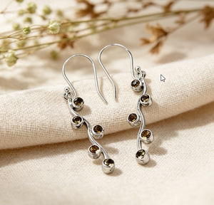 Boucles d'oreilles créoles en argent style Art Palace avec citrine, pendantes et clous, bijoux tendance - Product Image 1
