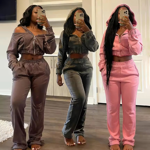 OEM Custom <b>Women</b> Vintage Two Piece Pants Set Cropped Zip Hoodie and Flare Pants Acid Wash Cotton <b>Jacket</b> Skinny Pants Tracksuits - Product Image 1