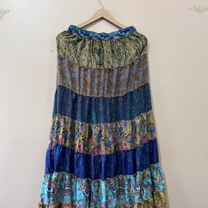 Robe longue d'été pour femme, style bohème, imprimé cachemire, à volants, taille élastique, faite main, gaufrée, 100% soie, coupe droite - Product Image 1