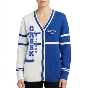 <b>Custom</b> Blue White Sorority V Neck Cardigan Sweater Women Knitwear Greek Letter Varsity Striped Button Front Logo Embroidery - Product Image 3
