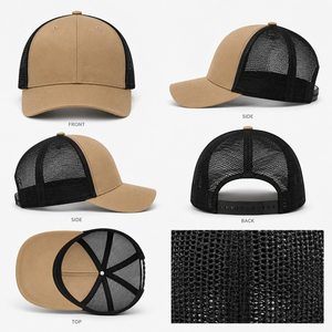 Custom Trucker <b>Hat</b> Khaki Front Black Mesh Back Logo Print Adjustable Unisex Casual Summer <b>Cap</b> 6-Panel Design - Product Image 4