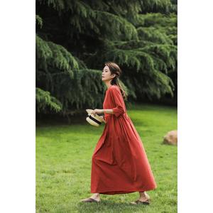 Women Casual Cotton Maxi <b>Dress</b> <b>Long</b> Sleeve Loose Fit Red Color <b>Boho</b> Style Flowy <b>Long</b> <b>Dress</b> - Product Image 1