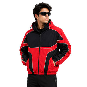 Chaqueta de invierno impermeable con capucha para hombre, cortavientos, impermeable, bicolor rojo y negro, con cremallera, deportiva, ligera e informal. - Product Image 1