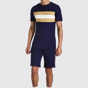 Men <b>Navy</b> Blue Short Sleeve <b>TShirt</b> With Gold And White Color Blocking Crew Neck Casual Summer Wear 100% Cotton on Wholesale Rates - Product Image 2
