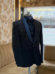 Black Sequin Embroidered Men’s Tuxedo Suit – Designer Slim Fit Wedding <b>Blazer</b> <b>Set</b> with Vest & Bow Tie - Product Image 2