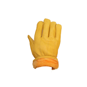 Gants en cuir jaunes avec doublure en fausse fourrure, thermiques, pour usage extérieur en hiver, longueur poignet, style uni - Product Image 2