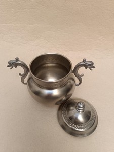 Azucarera de peltre vintage con diseño italiano y asas únicas, 95% MONDIAL PL PURO 95, copas de licor de metal, copas de azúcar de peltre. - Product Image 6