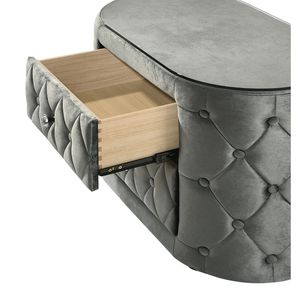 Table de chevet ovale luxueuse en peluche grise avec plateau en verre trempé de 8 mm et deux tiroirs de rangement arrondis - Product Image 3