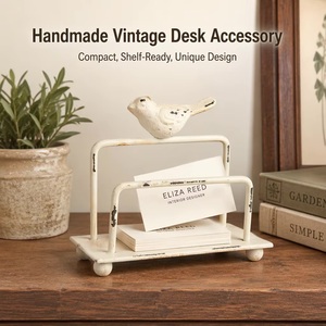 Rustic <b>White</b> Metal Business Card Holder with Bird Sculpture Single Tier Storage Basket Handmade Design for School Use - Product Image 4