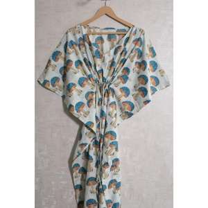 Caftán de Algodón Estilo Boho Hecho a Mano, Estampado Floral, Ecológico, Ropa de Playa Natural para Verano, Vestido Maxi para Mujer, Manga Murciélago, Cuello en V - Product Image 3