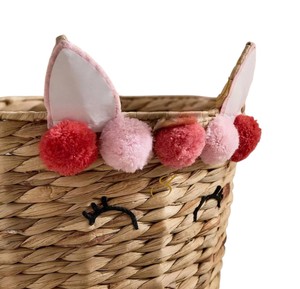 Cesta de Almacenamiento de Jacinto de Agua con Diseño de Cara de Conejo y Pompones, Organizador de Juguetes de Animales Tejido con Parte Superior Abierta, Decoración para Guardería - Product Image 4