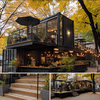 Restaurant en conteneur noir à deux étages EC-20TP avec terrasse en bois pour projets commerciaux