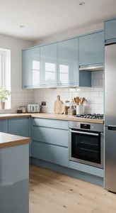 Gabinetes de Cocina Modulares de Madera Azul Claro con Acabado Brillante, Diseño Minimalista Personalizado, Fácil Instalación y Limpieza para Viviendas - Product Image 6