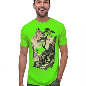 Camiseta de Manga Corta Beige para Hombre con Estampado de Pinos Pintado a Mano, Cuello Redondo, Corte Regular, Ropa Casual - Product Image 4