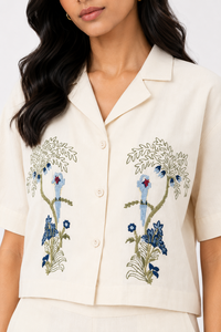 Off White Women's Two Piece Co-Ord <b>Set</b> | Floral Embroidered Short Sleeve Shirt & Wide Leg Pants - Product Image 2