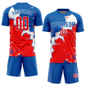 Conjunto de Uniforme de Fútbol Personalizado con Estampado Sólido, Transpirable, Azul, Rojo y Blanco, Sublimado, Jersey de Equipo de Secado Rápido, Ropa Deportiva al por Mayor OEM - Product Image 1