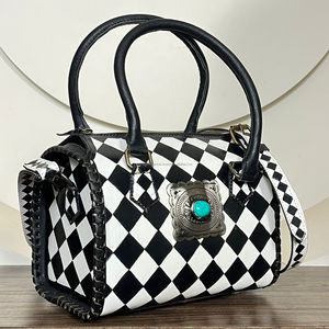 Sac Speedy personnalisé 2026 en cuir de vachette véritable fait main avec concho turquoise et motif à carreaux de créateur, unisexe - Product Image 4