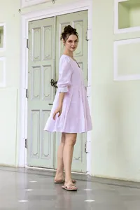 Casual Cotton Linen Mini Dress Round Neck <b>Three</b> Quarter Sleeve Loose Comfortable Summer Dress For Women - Product Image 4