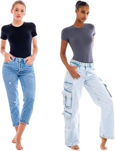 Combinaison moulante à manches courtes et col rond pour femme, couleur unie, extensible, vêtements de sport, coupe ajustée, toutes saisons, tricot en coton et élasthanne pour femme - Product Image 3