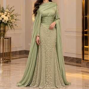 Robe de soirée sirène en satin vert sauge perlé pour femme – Élégante, longue, sans manches, parfaite pour les occasions formelles - Product Image 3
