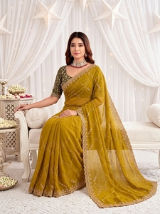 Blusa de Sari de Seda Verde Bordada AARA Fashion para Mujer, Tradicional India/Pakistaní, Larga hasta el Suelo, Ajuste Regular, Antiarrugas - Product Image 2