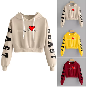 <b>Women's</b> <b>Red</b> Hooded <b>Sweatshirt</b> With Heart ECG Print Full Sleeve Casual Crop Top Autumn Wear - Product Image 4