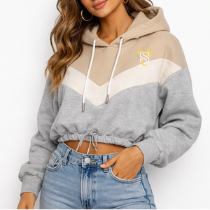 Sudadera con Capucha Corta para Mujer, Diseño Color Block, con Logotipo Bordado en la Parte Delantera, Manga Regular, Estilo Casual para Otoño, Gris Beige, Tejido de Punto - Product Image 2