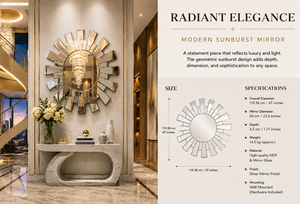 <b>Round</b> Sunburst Wall <b>Mirror</b> Pebble Design Decorative <b>Mirror</b> <b>Bathroom</b> Bedroom Living Room Modern Stylish Wall Mounted 47 Inches - Product Image 4