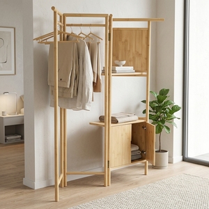 Foldable Teak Standing Coat Hanger Multi <b>Shelf</b> Wooden Clothes Rack Garment Organizer <b>Bedroom</b> Home Decor Storage Rack - Product Image 2