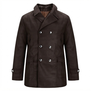 <b>Men's</b> Double Breasted Genuine Leather <b>Pea</b>-<b>coat</b> Overcoat Brown Notched Lapel Long Thick Wool Blend <b>Coat</b> - Product Image 6