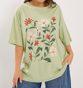 Camiseta de Mujer con Bordado Floral Rojo, Cuello Redondo, Manga Corta, Corte Holgado, Informal, 100% Algodón Jersey, Bordado a Mano - Product Image 3