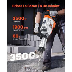 Martello Demolitore Elettrico Professionale da 3500W, 1900 BPM, con 2 Scalpelli e Guanti per Demolizione - Product Image 2