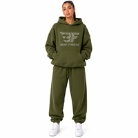 Ensemble de survêtement kaki à capuche pour femme, 2 pièces, en coton, coupe ample, avec cordon de serrage, pantalon de jogging à poches avant, personnalisable, automne-hiver