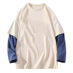 เสื้อยืดโอเวอร์ไซส์ผู้ชาย คอโอ แขนตัดต่อสี ดีไซน์ลำลอง ผ้าฝ้าย ทรงพอดีตัว แขนสองชั้น เสื้อยืดผู้ชาย - Product Image 2