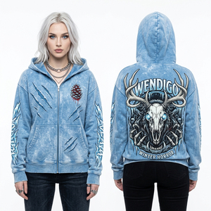 Sudadera con capucha azul de 500GSM con cremallera para mujer, con estampado gráfico de calavera y planos arquitectónicos, estilo streetwear, venta al por mayor - Product Image 2