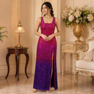 Women Ombre <b>Sequin</b> Evening Gown Square Neck Sleeveless Bodycon Maxi Dress Thigh High Slit Sparkling Formal Prom Cocktail Party - Product Image 4