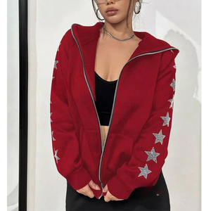 Sweat-shirts à capuche pour femmes de haute qualité, en molleton de coton épais, avec fermeture éclair, strass étoiles, imprimé graphique, grande taille - Product Image 3
