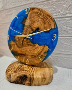 Olive Wood & Blue Resin Desk <b>Clock</b> Handmade Modern Decor - Product Image 2
