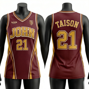 Maillot de basket en mesh polyester respirant 160 GSM premium, couleur bordeaux avec empiècements latéraux contrastés or, logo personnalisé par sublimation, tenue d'équipe. - Product Image 6