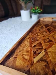 Bandeja de madera THUYA marroquí hecha a mano, bandeja otomana de madera de lujo, decoración artesanal natural para el hogar, regalo único, madera rústica - Product Image 4