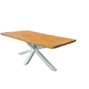 Nouveau design de table à manger rectangulaire en bois de manguier jaune avec pieds blancs style bois massif pour usage domestique - Product Image 1
