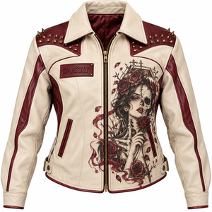Chaqueta de Cuero Roja y Blanco Hueso Personalizada para Mujer con Estampado de Calavera y Rosas, Estilo Biker, Proveedor de Servicios OEM ODM - Product Image 1