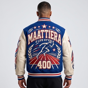 <b>Men</b> Blue Letterman <b>Jacket</b> Cream Leather Sleeves <b>Running</b> Graphic Embroidered Design Snap Front Ribbed Streetwear - Product Image 1